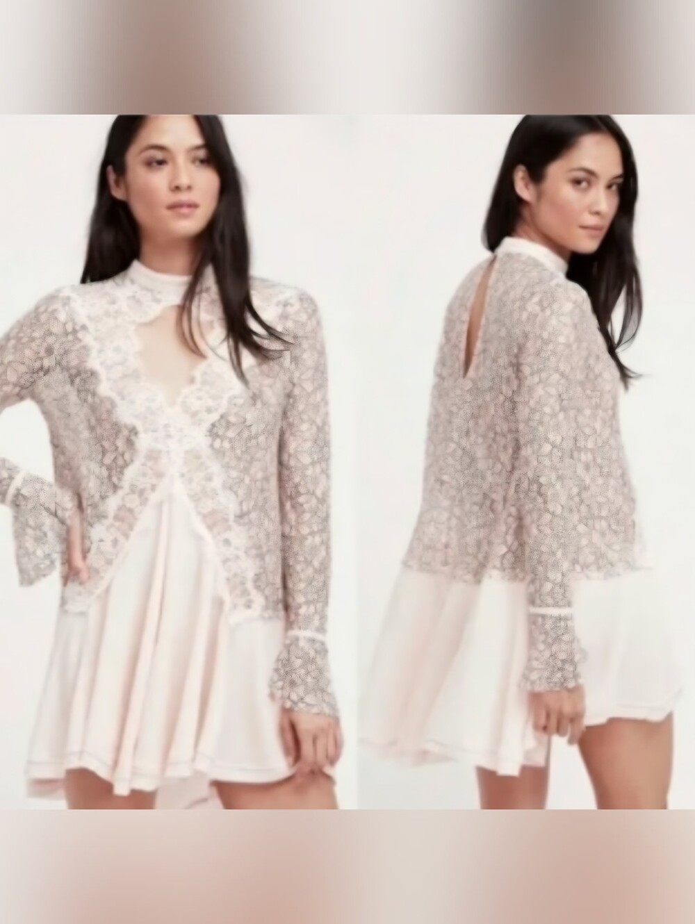 Free People Tell Tale Lace Mini Dress Tunic Pink Black Bell Sleeve Boho M